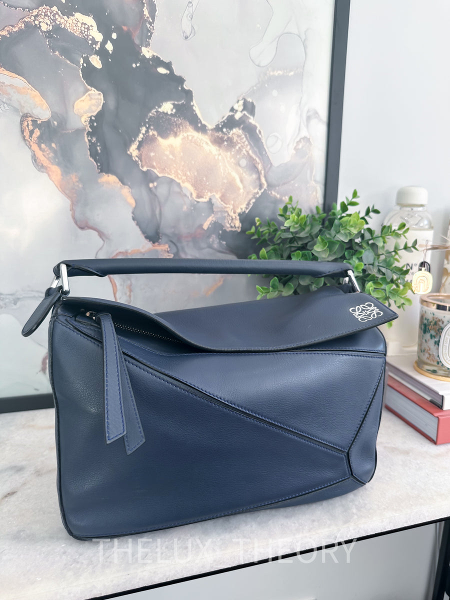 Loewe Navy Leather Puzzle Bag in Blue