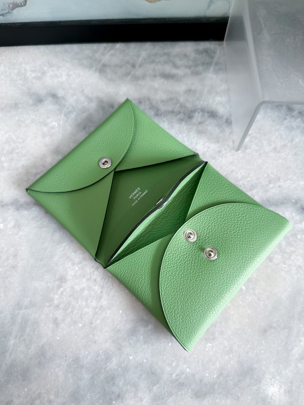 Hermes Calvi Duo Card Holder In Vert Fizz, Green Chevre Leather