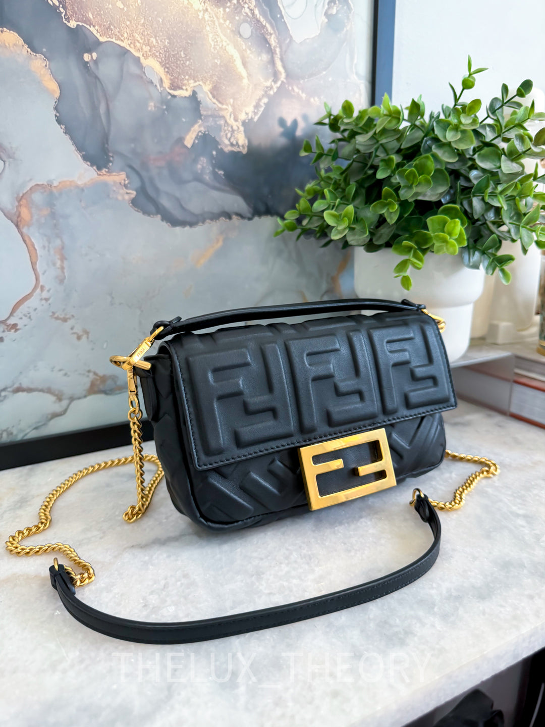 FENDI MINI BAGUETTE BLACK NAPPA LEATHER GOLD HARDWARE 2023