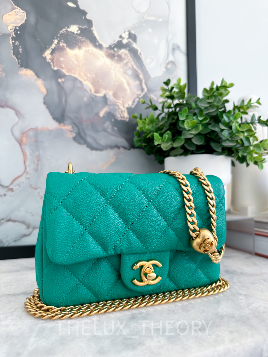 23P GREEN CAVIAR MY SWEET HEART MINI RECTANGULAR AGED GOLD HARDWARE