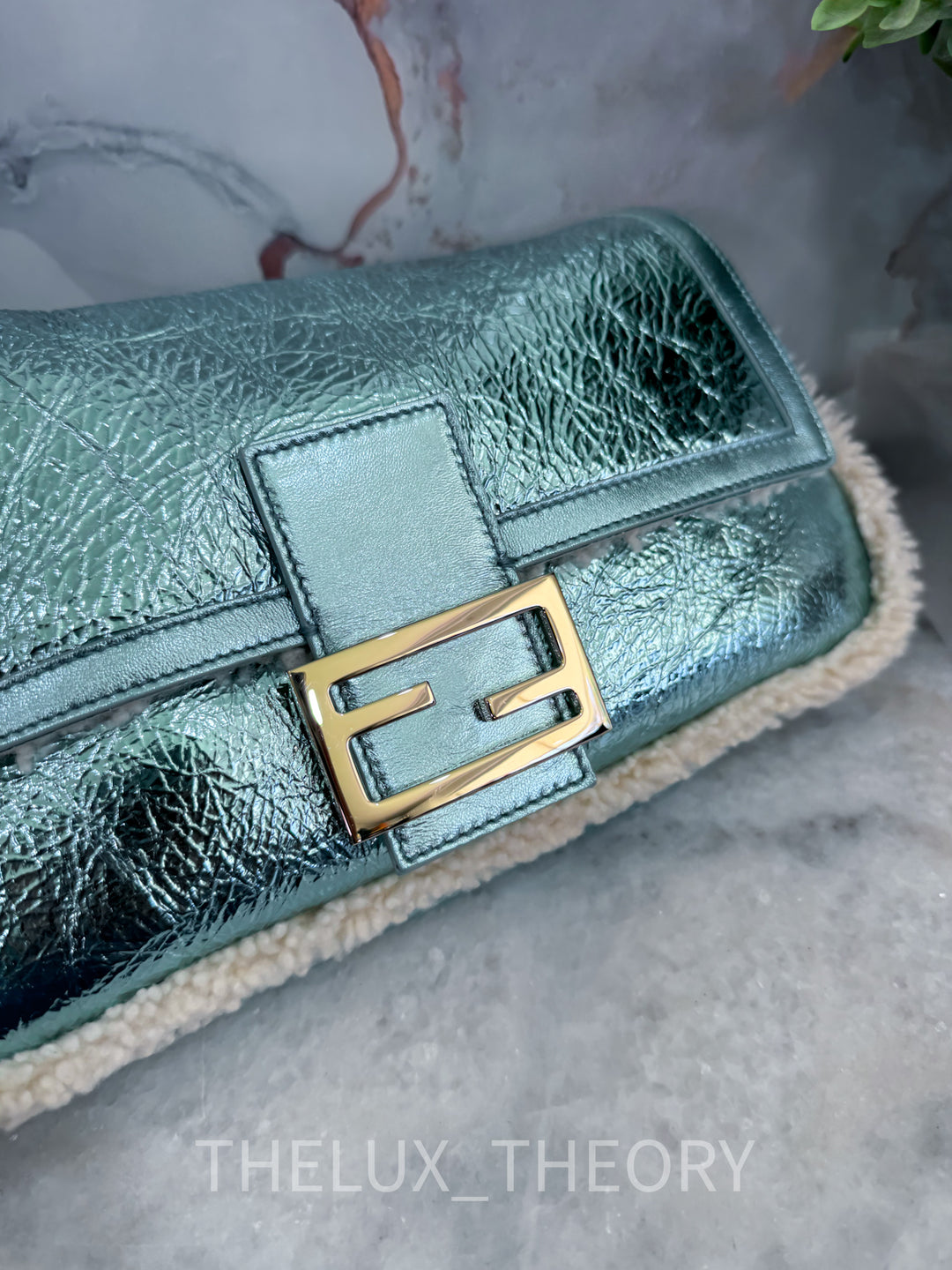 FENDI MEDIUM BAGUETTE RE-EDITION 2005-2006 LIGHT BLUE METALLIC LAMBSKIN SHEARLING