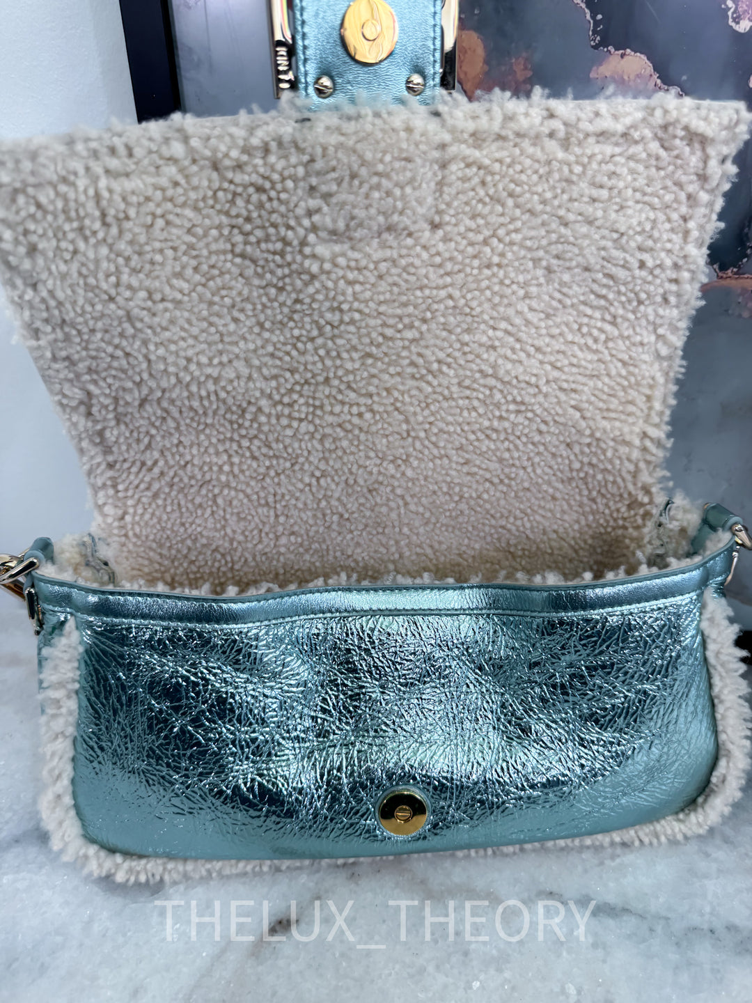 FENDI MEDIUM BAGUETTE RE-EDITION 2005-2006 LIGHT BLUE METALLIC LAMBSKIN SHEARLING