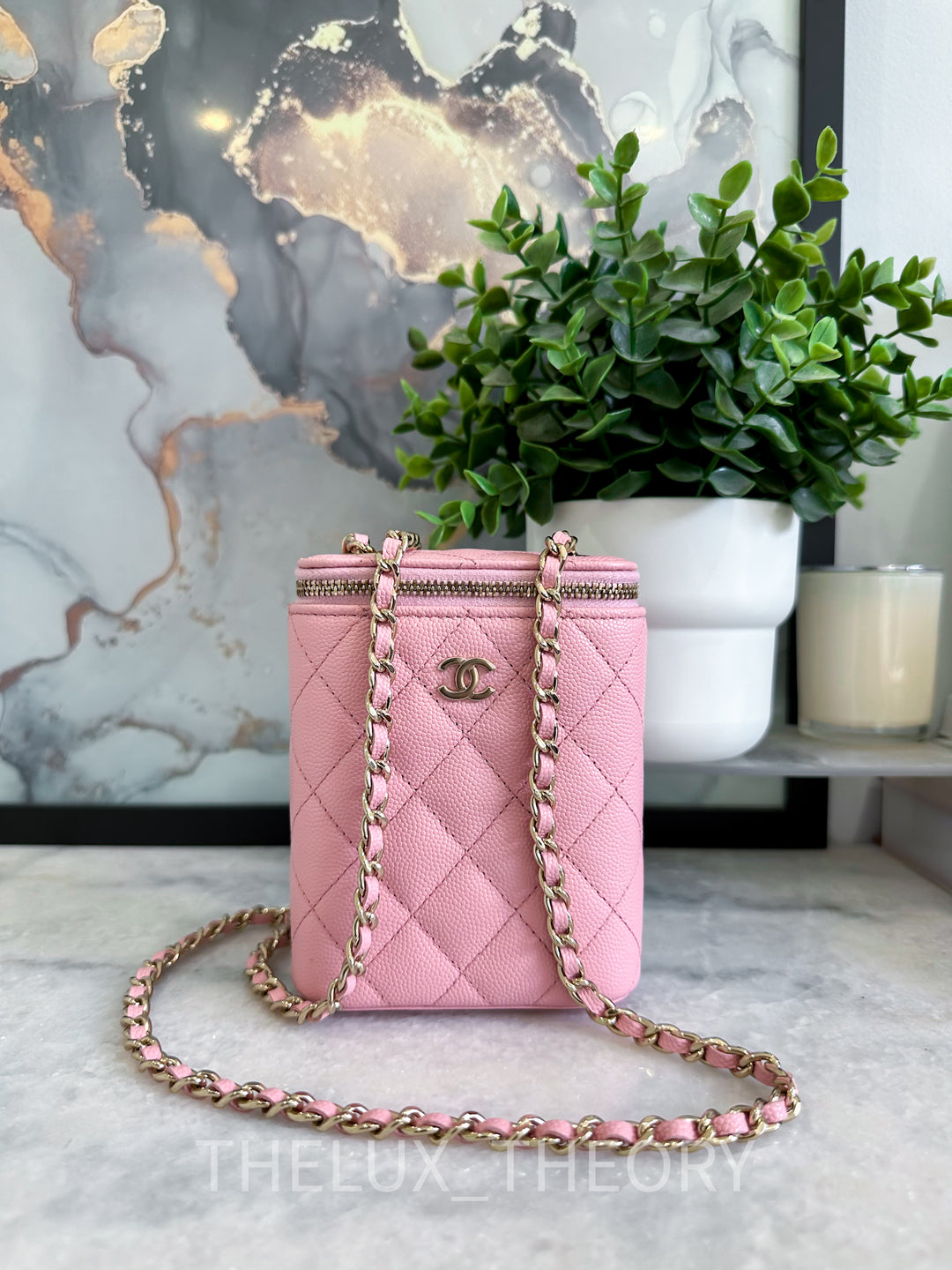 22C PINK VERTICAL CLUTCH WITH CHAIN CAVIAR LIGHT GOLD HARDWARE