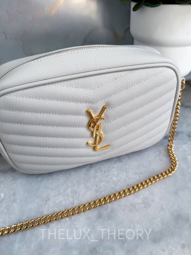 YSL MINI LOU CAMERA BAG TASSEL STONE WHITE THE LUX THEORY