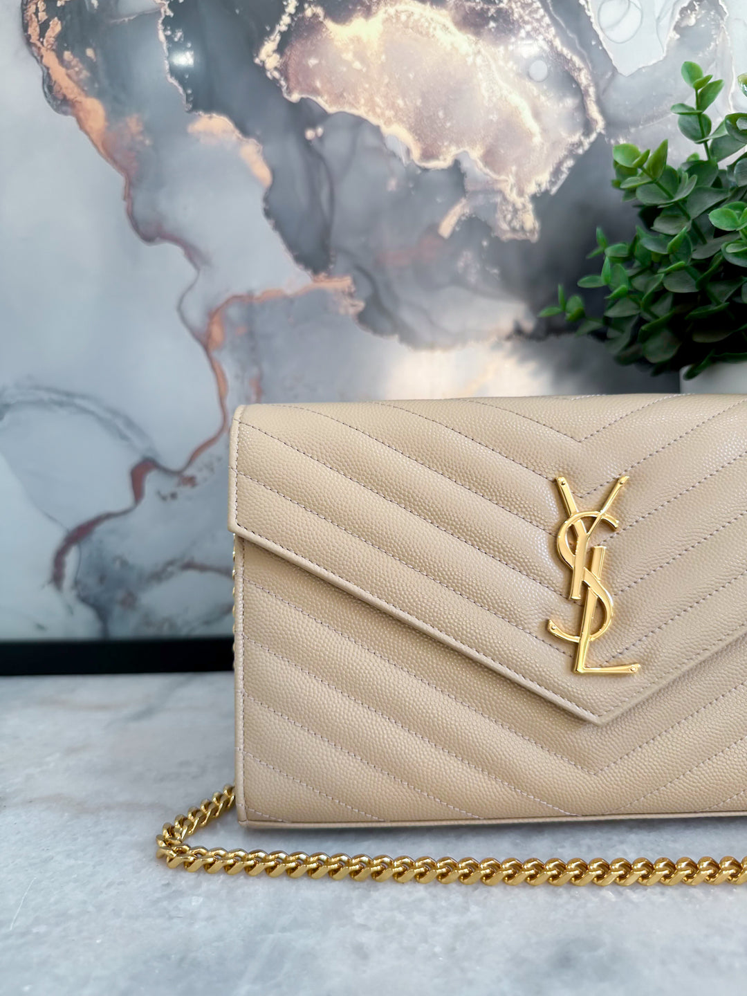 YSL CASSANDRE WALLET ON CHAIN BEIGE GOLD HARDWARE