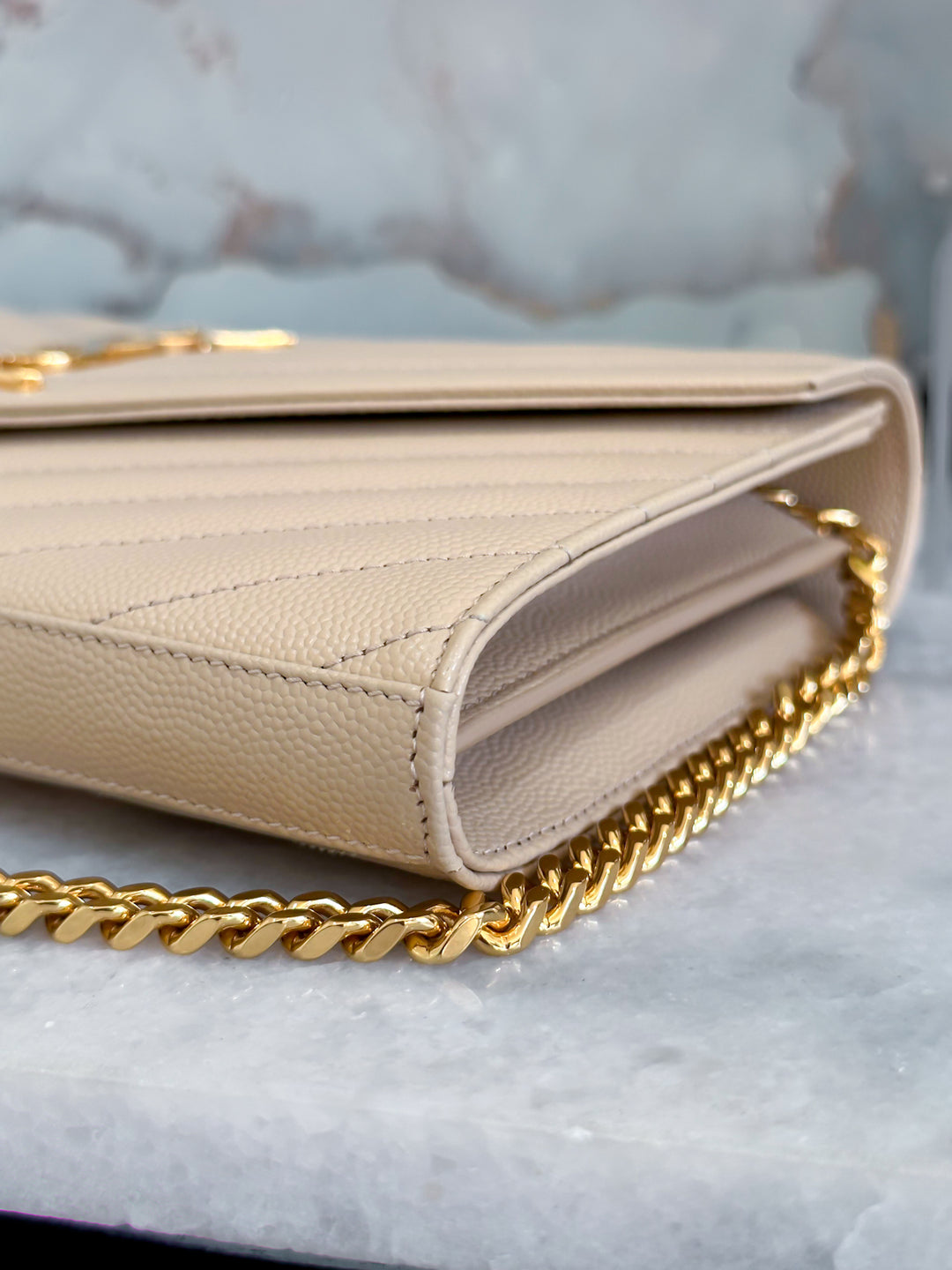 YSL CASSANDRE WALLET ON CHAIN BEIGE GOLD HARDWARE