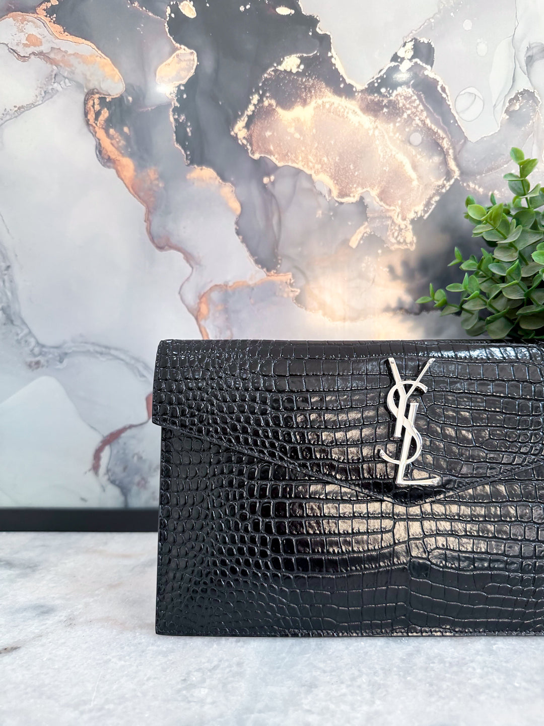 YSL UPTOWN POUCH BLACK CROC EMBOSSED LEATHER SILVER HARDWARE