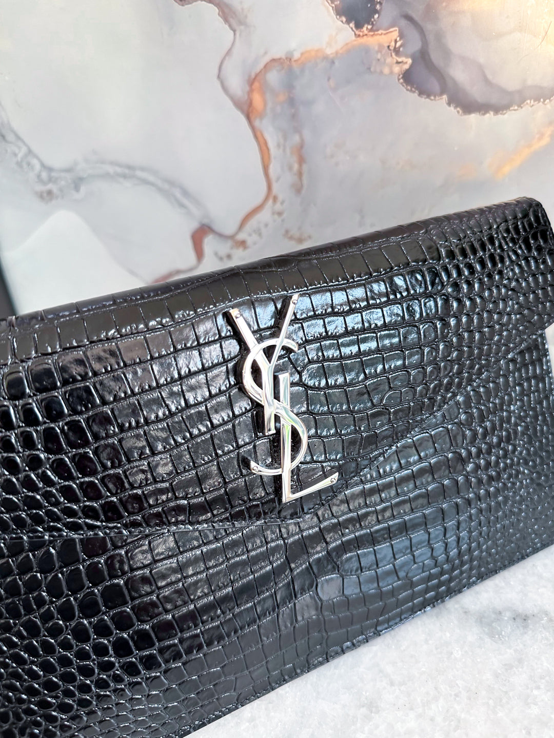 YSL UPTOWN POUCH BLACK CROC EMBOSSED LEATHER SILVER HARDWARE