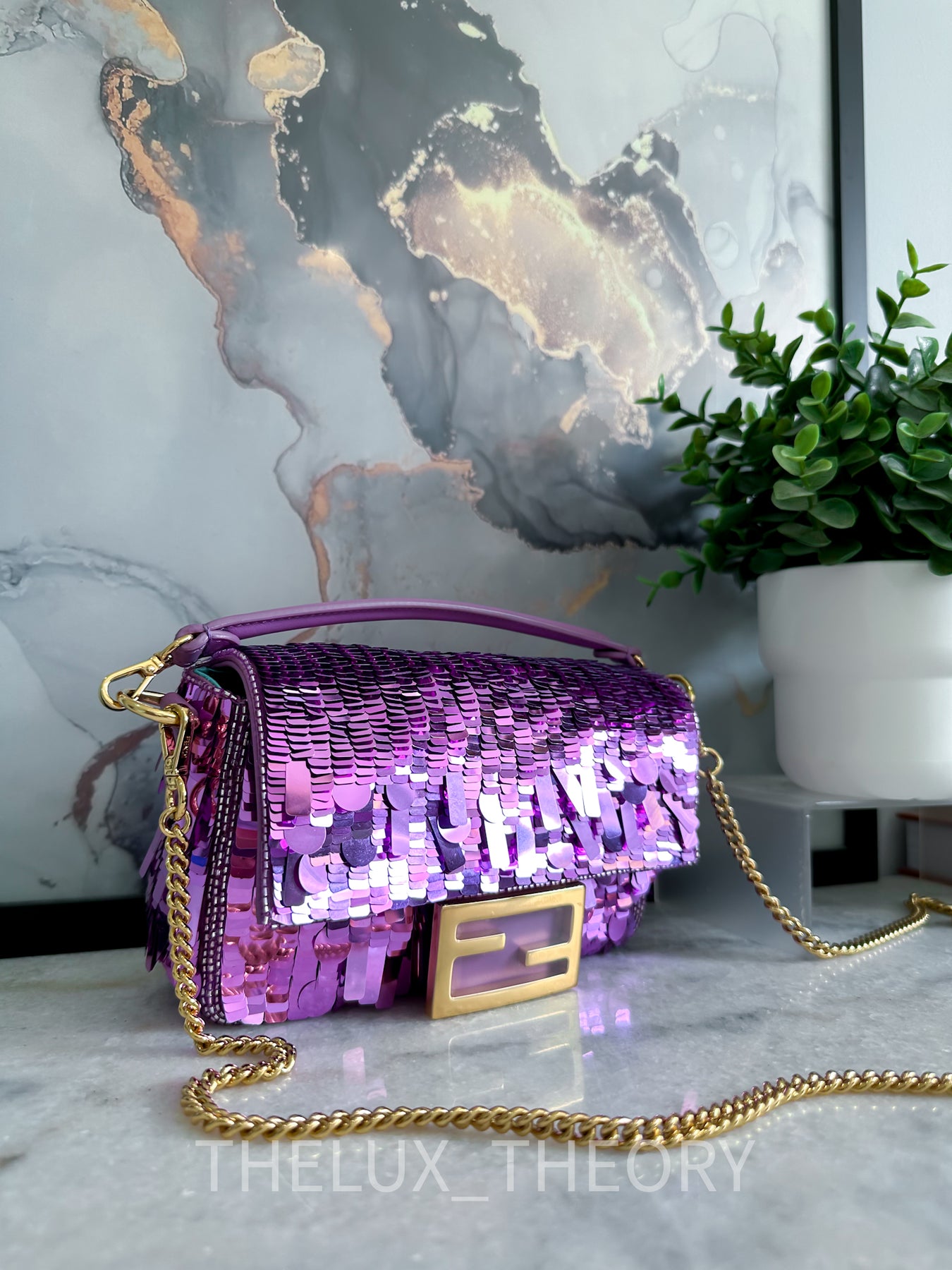 Fendi Sequin and Leather Baguette Mini Purple in Polyester with